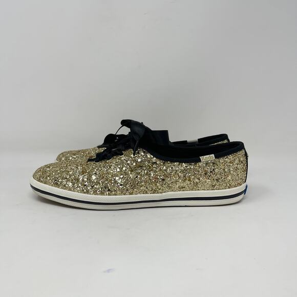 Keds x Kate Spade Glitter Lace Up Sneaker Womens 7 Gold Glitter Black Ribbons - Picture 4 of 9